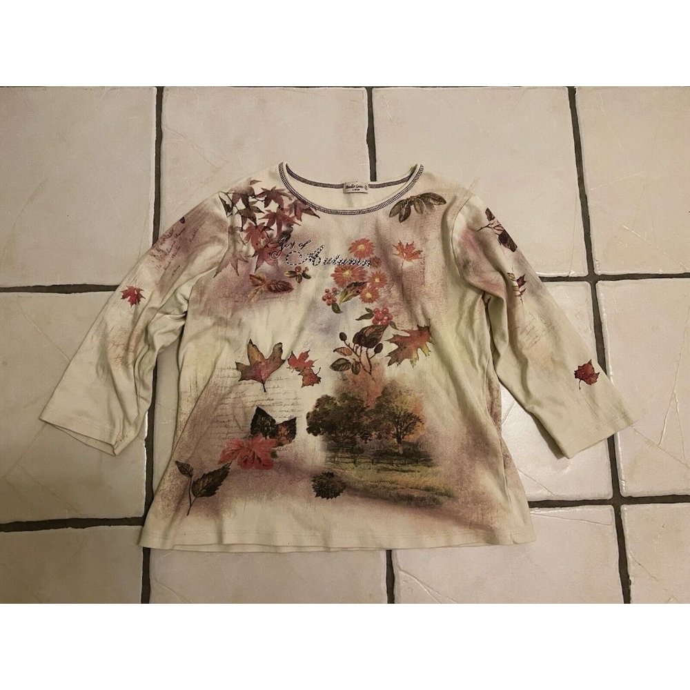 Studio Gem Q Women’s XL Autumn Air Rhinestone Fall Leaves Cabin Long Sleeve Top